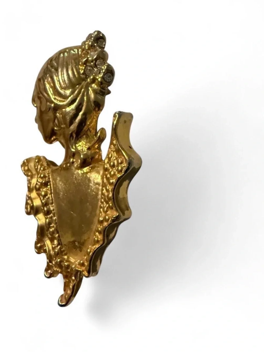 Vtg Gold Tone Victorian Lady Profile Brooch Rhinestone Costume Cameo Pin 80s